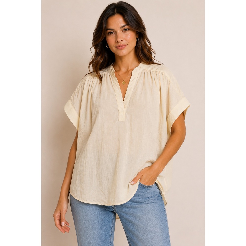 Universal Thread Cream Cotton Split Neck Short Sleeve Relaxed Blouse Large